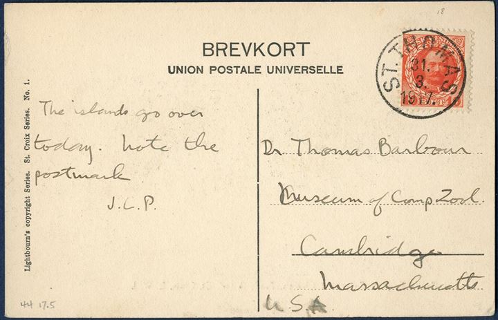 Transition period 1917. Two postcards from the same sender and to the same addressee, sent with a DWI stamp the last day 31 March and with US stamp the 2 April 1917, very interesting and historical post cards.