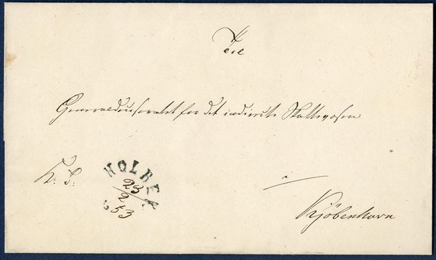 Royal Service letter sent from Holbek to Copenhagen 23 February 1853 stamped with curved 1-line mark “HOLBEK 18” and ink date “23/2 - 53”. Postmark only used 20 days in February-March 1853. Rare item.