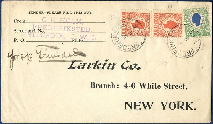 Envelope sent from Frederiksted 5. September 1906 to New York, USA. Franked with pair 10 BIT and 20 BIT King Christian IX issued tied by CDS “FREDERIKSTED 5/9 1906”, paying the 40 BIT UPU rate 15.9.1905 – 31.12.1909. Routing instruction “Pr. Trinidad”.