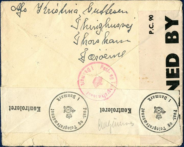 Letter sent from Thorshavn 30. April 1941 to Copenhagen, Denmark, bearing a “20  20”/5 øre provisional issue tied by “THORSHAVN 30.4.1941 9-13” cds. British resealing tape “P.C. 90 / OPENED BY / EXAMINER 4461 and Danish resealing tape and censor mark in red, most of these letters are with German instead of Danish censorship. In Dimmalætting 16 April 1941, it was announced that mail service to Denmark for ordinary letters was open from 16. April 1941, this letter sent only 5 days after the announcement in Dimmalætting.