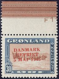 30 øre Greenland American Issue with changed overprint colours “Danmark Befriet 5 Maj 1945” with overprint shifted upwards. Only one used stamp has been recorded. Mint never hinged.