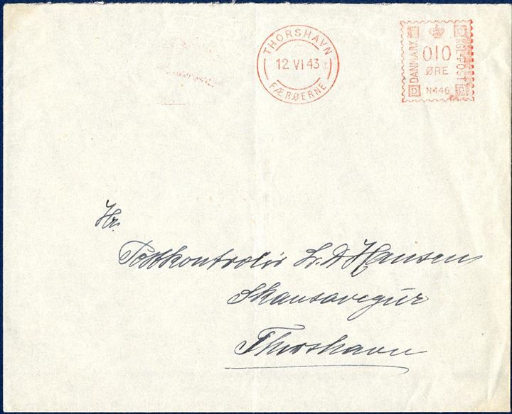 Envelope with 10 øre Metermark sent locally in Thorshavn 12. June 1941. The Metermark Neopost machine was purchased in England during WWII in order to save the stocks of stamps of the lower values. This letter is scarcer than all the other that looks more philatelic than this one, sent to L. D. Hansen.