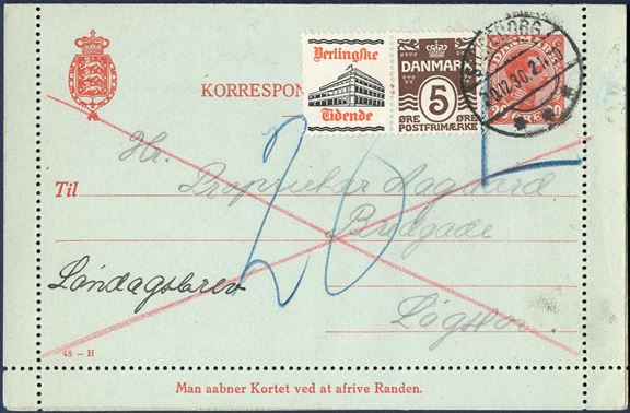 20 øre Chr. X Correspondence card additionally franked with 5 øre BERLINGSKE TIDENDE advertising stamp and sent for SUNDAY delivery. Letter rate 15 øre plus 10 øre for delivery on Sunday's, but taxed 20 øre by the addressee. Scarce combination.