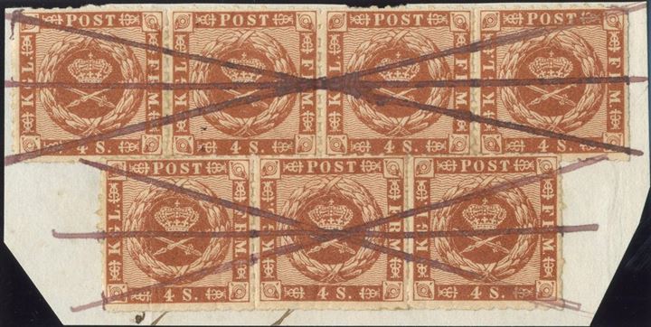 4 sk. 1863 rouletted, strip of 4 and 3 tied on piece, beautifully cancelled with purple ink crosses. 