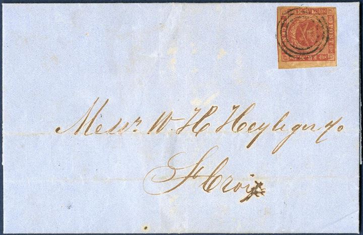 Entire letter sent from St. Thomas 8 January 1864 to Christiansted, bearing the 3¢ imperforate yellow gum, tied by 3-ring St. Thomas, on reverse CDS “ST: THOMAS / 8/1 1864”. Large margins on two sides, excellent condition.