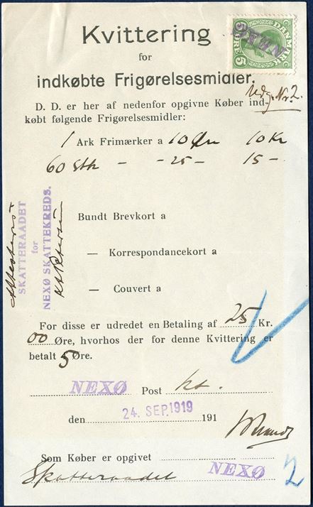 Postal receipt for purchase of stamps at the Bornholm Nexø post office, issued 24 September 1919. Receipt paid with 5 øre King Christian X 5 øre, cancelled with 1-line mark “NEXØ”. 