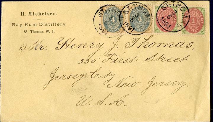 Letter sent from St. Thomas to Jersey City 3 June 1891 bearing two 4 cents II printing and two 1 cent VI printing tied by “St. Thomas” CDS and NY transit and Jersey City arrival mark on reverse. Quite a colourful letter where the left 1 cent stamp has a small tear.