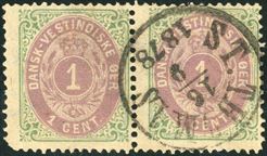 1 Cent bicolored I printing, position 17-18 in the sheet, used pair cancelled ST. THOMAS 16.9.1877. Right stamp pos. 18 with INVERTED FRAME, in this condition and in pair a most desirable bicolored rarity of DWI stamps, left stamp with round SW-corner.
