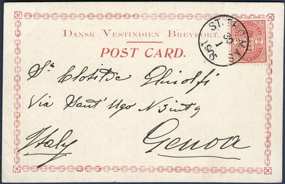 Postcard St. Thomas 30 January 1905 to Genoa, Italy. 2¢ Coat-of-Arms issue (AFA 22) tied by CDS “ST. THOMAS 30/1 1905”.