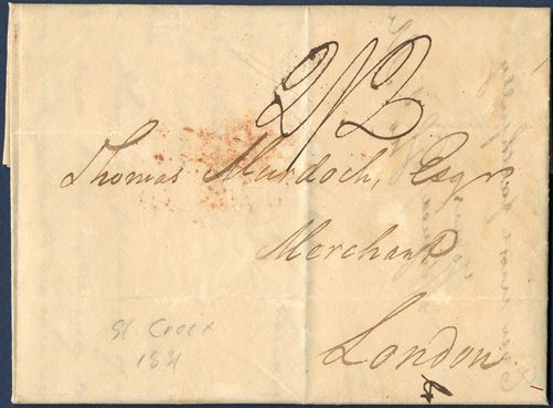 Docketed “Governmenthouise, St. Croix 6 September 1831” to London, England. Struck boxed “PACKET LETTER” in red on reverse and London 1-ring “C / 8 OC 8 / 1831” red, charged 2/2 to London by addressee for a single rate letter.