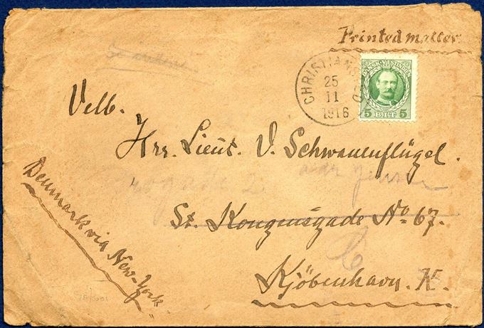 Printed matter from Christiansted 25 November 1916 to Copenhagen, Denmark. 5 BIT printed matter rate paid with 5 BIT King Frederik VIII issued tied by “CHRITIANSTED 25/11 1916”. Rarely seen postal rate.