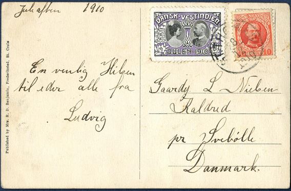Postcard from St. Thomas 28 December 1910 to Svebølle, Denmark. 10 BIT King Frederik and Christmas Seal 1910 tied by “ST. THOMAS 28/12 1910” paying the 10 BIT UPU postcard rate.