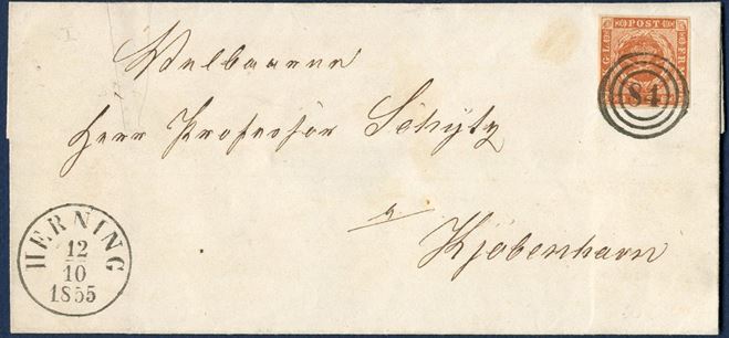 Letter from Herning 12 October 1855 to Copenhagen. Postage 4 sk. rate franked with 4 sk. 1854 I. printing dotted spandrels. Numeral 84 and datestamp HERNING 12.10.1855. Superb condition.