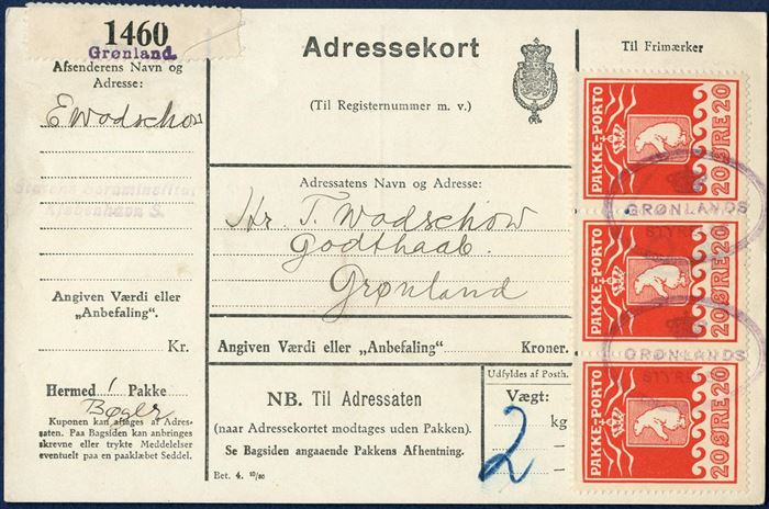 Danish parcel card to Mr. T. Wodschouw, Godthaab with three 20 øre (AFA 9) tied by oval GRØNLANDS STYRELSE. Danish ADRESSEKORT type Bet. 4. 10/80, for a parcel of books weighing 2 kg. and label CI 1460 / Grønland, sent with DISCO on 22 May 1933 from Copenhagen to Greenland.