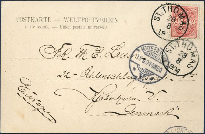 Postcard from St. Thomas 28 August 1904 to Copenhagen, Denmark. 2¢ Coat-of-Arms red tied by ST: THOMAS 28/8 1904 LAP2 and KJØBENHAVN V. 18.9.04.OMB.O receiving mark on front. 2¢ UPU postcard rate from 1.1.1902 – 14.7.1905.