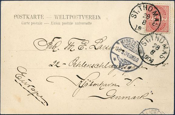 Postcard from St. Thomas 28 August 1904 to Copenhagen, Denmark. 2¢ Coat-of-Arms red tied by ST: THOMAS 28/8 1904 LAP2 and KJØBENHAVN V. 18.9.04.OMB.O receiving mark on front. 2¢ UPU postcard rate from 1.1.1902 – 14.7.1905.