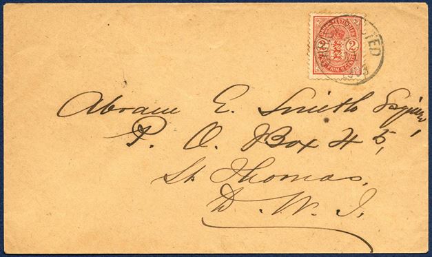 Domestic letter sent from Christiansted 2 November 1903 to St. Thomas. 2¢ red Coat-of-Arms tied by CHRISTIANSTED 2/11 1903 LAP3, ST. THOMAS 3/11 1903 receiving mark on reverse. 2¢ domestic letter rate from 1.1.1902 – 14.6.1905.