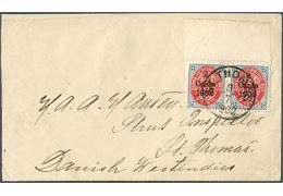 Local double rate letter within St. Thomas 3/7 1902. Pair 2 CENTS 1902 provisional COPENHAGEN overprint on 3¢ bicolored IX printing inverted frame, tied by ST: THOMAS 3/7 1902. 4¢ correct double 2¢ domestic letter rate from 1.1.1902 – 14.6.1905. EARLIEST REPORTED USE of the Copenhagen provisional. From the St. Thomas post office inventory the first 25 sheets were sold on 2 July 1902 and likely a FIRST DAY USE and 4 days earlier that the previously earliest reported use.