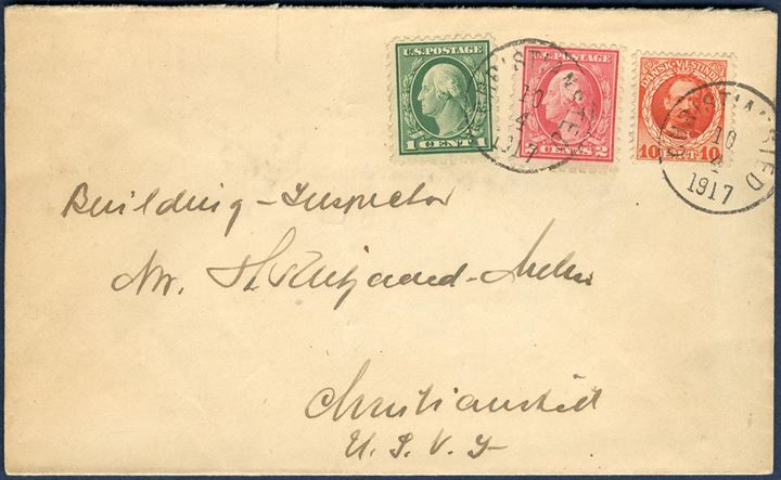 Envelope sent within Christiansted 10 April 1917. Mixed franking transition letter 1.4.1917 – 30.9.1917 with 10 BIT King Frederik VIII and 1 & 2 CENTs US (3¢ = 15 BIT), overfranked and philatelic.