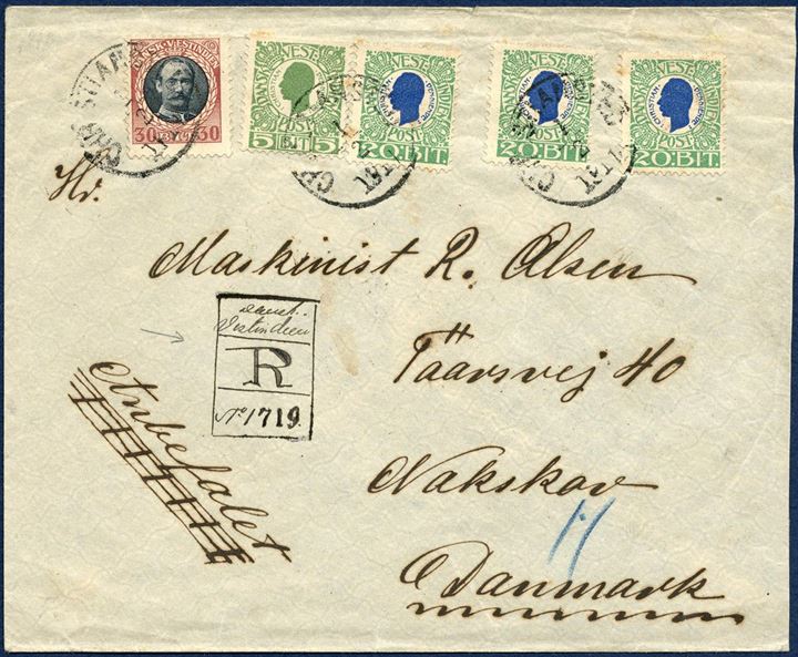 Registered letter sent from Christiansted 1 February 1911 to Nakskov, Denmark. Fourth letter rate, 25 BIT plus 3x 15 BIT each 20 grams = 70 BIT plus registration 25 BIT; 95 BIT correct franking with three 20 BIT, 5 BIT King Christian IX and 30 BIT King Frederik VIII adhesives (AFA 24,26,41) tied by “CHRISTIANSTED 1/2 1911”. Registration mark Engström Type 10 “ - / - / R / No. 1719” entirely drawn in hand and only recorded in February/August 1911, only few examples recorded. New York transit mark on reverse.