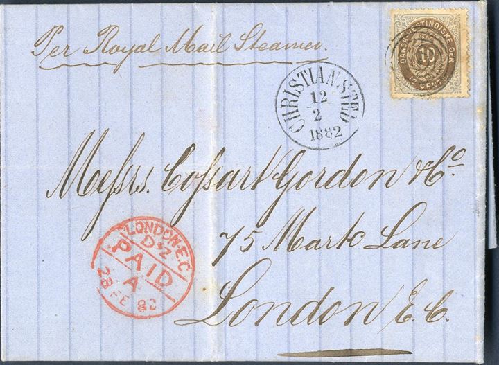 Letter sheet from Christiansted 12 February 1882 to London, England. 10¢ bicolored II printing cancelled with 5-ring cancel, cds CHRISTIANSTED 12/2 1882 ANTIII, with London receiving mark struck on front. Routing instruction Per Royal Mail Steamer. Small tear in stamp.