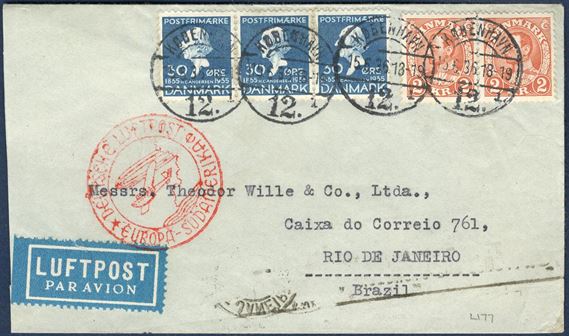 Air mail letter sent from Copenhagen to Brazil 15 June 1936 bearing HC Andersen 30 øre 3-strip and pair 2 Kr. King Chr. X tied by CDS “KØBENHAVN 12 - 15.6.36” and front stamped with red “DEUTSCHE LUFTPOST - EUROPA-SÜDAMERIKA”. Letter rate 30 øre 0-20 gram, plus 2x 230 øre airmail surcharge each 5 gr (5-10 gram), correct franking of 490 øre.