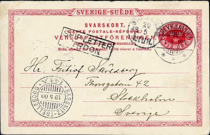 10 øre Sweden reply-card sent from Reykjavik Iceland to Stockholm May 1900 via Troon with boxed “SHIP LETTER TROON” and transit ship mark “Sassnitz-Trelleborg” with Stockholm arrival mark on front. Very few early reply cards known from Iceland, this is apparently the only Swedish recorded earlier than 1900.