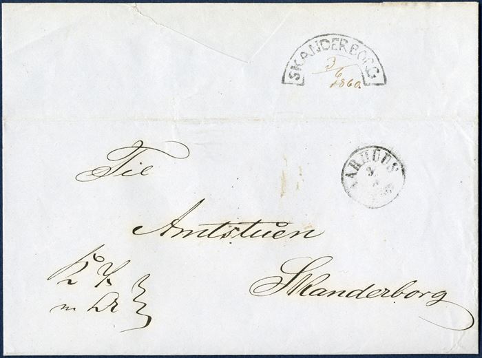 Royal Service letter sent from Aarhus 3 June 1860 to Skanderborg. Stamped on reception in Skanderborg with the scarcely found segment mark “SKANDERBORG” and noted in pencel ‘3/6 1860.'