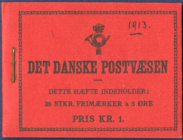 1 Kr. 1913 Booklet with red cover and the stamps without pane numbers. Excellent condition and cover in pristine condition, rare booklet. The first and earliest Danish Stamp Booklet, ink 1913 on the front.