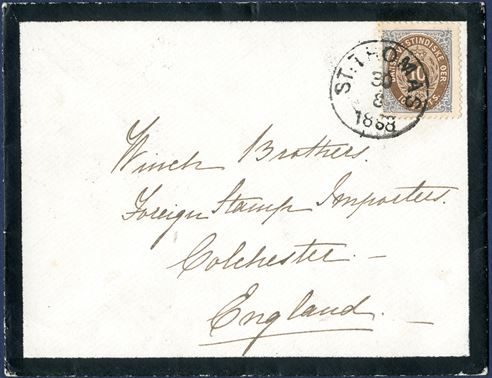 Mourning envelope from St. Thomas 30 August 1888 to Colchester, England. 10¢ bicolored IV printing cancelled with cds ‘ST: THOMAS 30/8 1888’ LAP1 and receiving cds ‘COLCHESTER SP15 88’ on reverse.