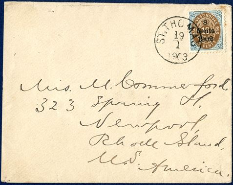 Letter from St. Thomas 19 January 1903 to Newport, Rhode Island, USA. Provisional Copenhagen overprint ‘8 Cents 1902’ on 10¢ bicolored tied by CDS ‘ST. THOMAS 19/1 1903’. UPU letter rate 8¢ from 1.1.1902 – 14.07.1905.