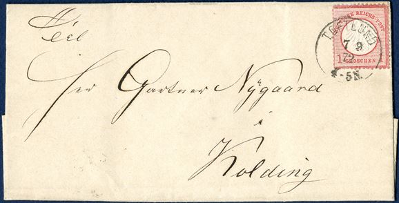 Entire sent from Toftlund 7 September 1872 to Kolding, Denmark. Franked with DR 1 Groschen Small Eagle issue tied by prussian 1-ring cds ‘TOFTLUND 7 9 72 4-5N.’, paying 1 Gr. for the border rate Germany-Denmark, only very few border rate covers known with 1 GR DR Eagle issue.