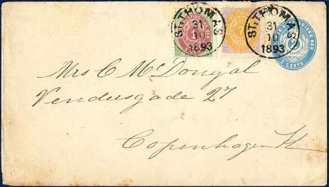 2 CENTS stationery envelope from St. Thomas 31 October 1893 to Copenhagen, Denmark. 2 CENTS blue envelope watermark I with detached apple from arches (Engström E1A), buttom flap under side flaps, additional franked with 1 CENT bicolored VIII printing and 7 CENTS bicolored II printing tied by LAP1 'ST:THOMAS 31/10 1893', London transit mark and Copenhagen receiving mark 18/1 1893. Envelope with a few light stains.