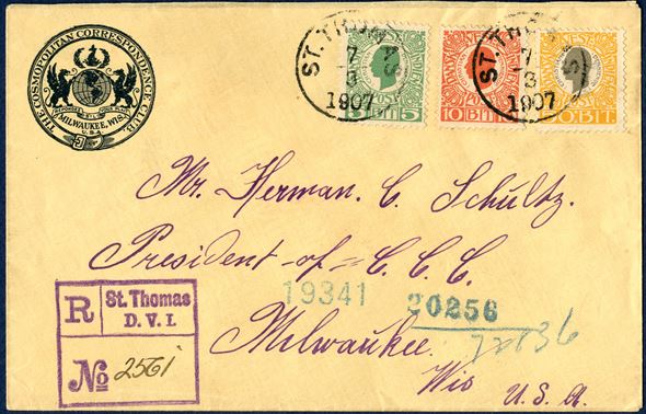 Registered letter from St. Thomas 7 March 1907 to Milwaukee, Wisconsin, USA. 5 BIT, 10 BIT and 50 BIT King Christian IX issue tied by LAP “ST. THOMAS 7/3 1907” and boxed registration mark “R / St. Thomas D.V.I. / No 2561 in purple in and New York transit and Milwaukee reception mark on reverse. Letter rate 40 BIT UPU rate to US 15.7.1905 – 30.9.1907 plus 25 BIT registration fee, correct 65 BIT postage paid.