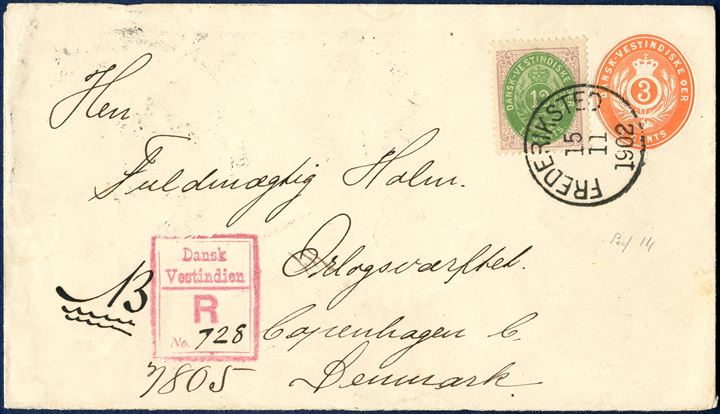 Uprated 3 CENTS orange stationery envelope watermark IV (Engström E8) from Fredeiksted 15 November 1902 Copenhagen, Denmark. 12 CENTS bicolored II printing tied by LAP 'FREDERIKSTED 15/11 1902' alongside boxed registration mark 'Dansk Vestindien / R No 728', transit mark LAP 'ST. THOMAS 17/11 1902', LONDON 4/12 1902 and reception mark 'COPENHAGEN 6/12 02' on reverse. 8 cents UPU letter rate 8¢ (1.1.1902-14.7.1905) plus registration fee 5 cents (1.1.1902-14.7.1905), total rate 13¢, overfranked by 2 cents.