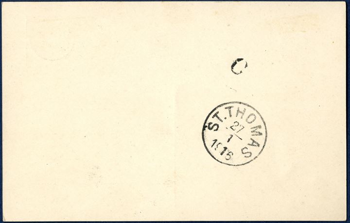 5 BIT King Christian X single postal card (Engström PC17B) from Christiansted 26 January 1916 to St. Thomas. Cancelled with four ring cancel no dot when arriving at St. Thomas post office by the mail boat. On reverse origin mark large 'C' struck and datestamp 'ST. THOMAS 27/1 1916', large 'C' rarely found and this is a clean and clear strike.