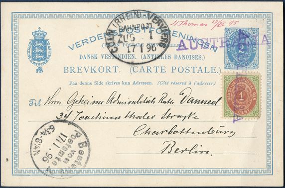 2 cents single postal card sent from St. Thomas 27 December 1895 to Berlin, Germany. 2 cents card 5 text lines, frame type 3Ha [5,0 – 4,0] uprated with 1 cent bicolored inverted frame printing VII with two round corner perforations. Reception mark Berlin 17/1 1896. Sent with German HAPAG steamer, stamped purple ink ‘AUSTRALIA’ line mark twice, manuscript ‘St. Thomas 27/XII 95’ red ink. UPU postcard rate 3¢ until 31.12.1901.