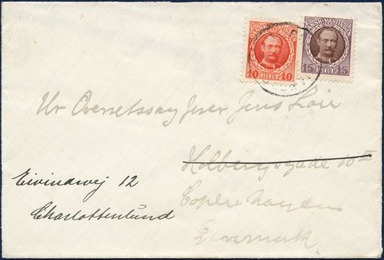 Letter from Christiansted April 1915 to Charlottenlund, Denmark. 10 BIT and 15 BIT King Frederik VIII tied by LAP Christiansted, backstamped ‘CHARLOTTENLUND 16.4.1915’. UPU letter rate 25 BIT from 1.10.1909 – 31.3.1917.