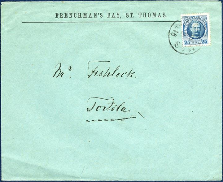 Letter from St. Thomas 17 February 1916 to nearby neighbour Island, Tortola. 25 BIT blue/blue King Frederik VIII tied by ST. THOMAS 17/2 1916 LAP and receiving mark on reverse ROAD-TOWN / TORTOLA V.I. / 7PM / FE22 / 16. After 1.10.1910 the favored 300 nautical mile Caribbean rate was abolished, and now 25 BIT UPU letter rate from 1.10.1910 – 31.3.1917.