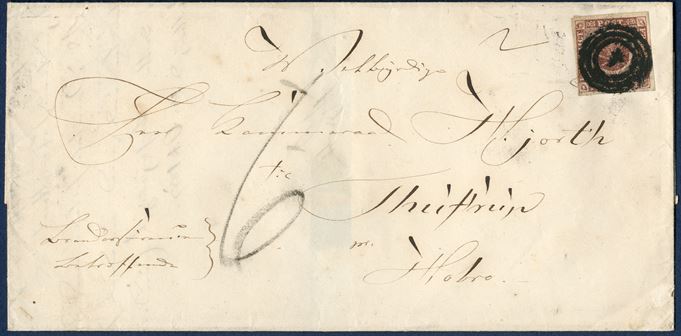 Insufficiently paid domestic letter from Aalborg 14 October 1853 to Hobro 4 RBS Thiele I printing, tied by numeral ‘4’ AALBORG. Postal note ‘2’ indicating 2nd letter rate 15-30 gram, and charged in full ‘6’ skilling due by addressee.
