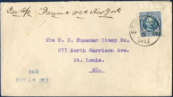 Letter from St. Thomas 22 May 1911 to St. Louis, USA. 25 BIT blue/blue King Frederik VIII II printing tied by ST. THOMAS 22/5 1911 LAP. Routing instruction PER S/S PARIMA VIA NEW YORK. 25 BIT UPU letter rate from 1.10.1910 – 31.3.1917.d