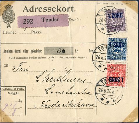 Danish parcel card from Tønder 26 June 1920 to Frederikshavn, Denmark. 10, 20 and 40 øre 1. ZONE Plebiscit Slesvig tied by datestamp TØNDER (2) 26.6.1920 6-7. Parcel weighing 2,5 kg., value 30 Kr., value label ‘292 Tønder’. Parcel rate 50 øre, value fee 20 øre, total postage 70 øre, correct franking, corners with remnants from glue. 