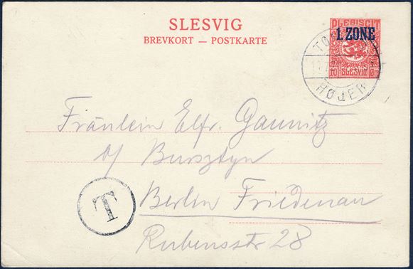 Postcard from Hoyerschleusse 11 July 1920 to Berlin, Germany. Plebiscit 10 øre 1 ZONE single postal stationery card cancelled with Danish railroad mark DAKA 266.02 ‘TØNDER – HØJER 11.7.21 T. 1207’, scarce on letters.