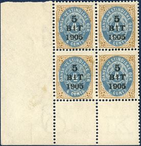 5 BIT 1905 provisional, overprint on 4 cents bicolored, pos. 81-82, 91-92. Lower stamps with inverted isolated frames in mint never hinged block of four with corner sheet margin.