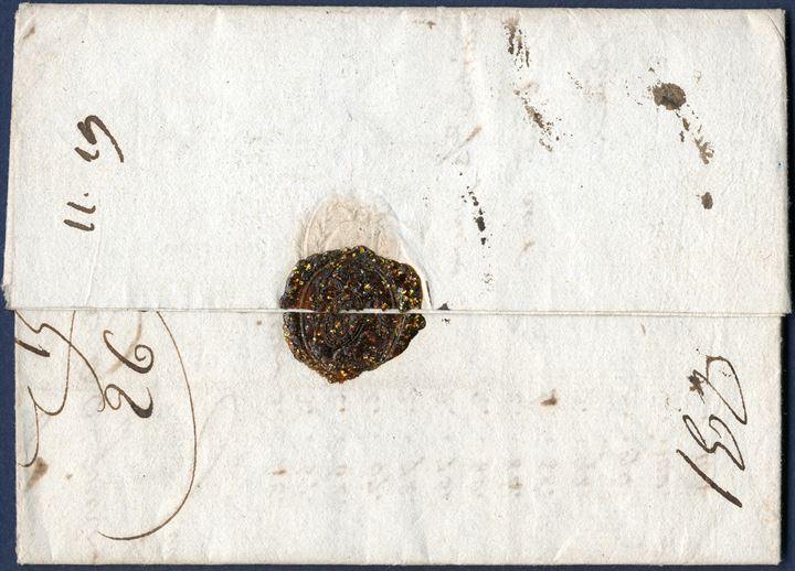Partly paid letter sent from Copenhagen 17 April 1791 to Saint-Quentin, France. Paid 9 Lübsche Schilling ‘fco. Hambourg’, postmarked T&T ‘DÆNNEMARCK’. Via Paris ‘8’ sols noted, due ‘36’ sols payable on reception. In order to impress the wax seal was added Gold dust, I have never seen gold dust in wax seals before on letters from the Kingdom of Denmark.