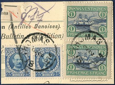 1 Franc pair and 25 BIT King Frederik VIII tied on large piece from parcelcard, franked at the rate of 2,50 Francs for a likely sent to Denmark via Germany, weighing up to 10 pound, rate valid after 1910 until 1917.