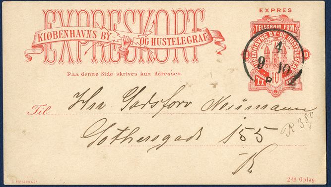10 øre red KIØBENHANS EXPRESKORT (1882) cancelled with 1-ring bypost mark '4 9-10 P' and manuscript 'R380'.