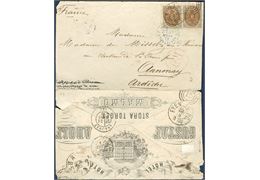 16 sk. rate to France from Copenhagen franked with two single 8 sk. bicoloured tied by duplex numeral 181 alongside French transit and circled PD in red. The right 8 sk. with short corner perf. A most attractive illustrated reverse from Hotel Gustaf Adolf.