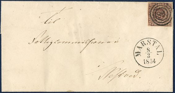 Letter from Marstal 8 March 1854 to Næstved. 4 RBS THIELE II blackish brown cancelled with numeral '89' alongside cds 'MARSTAL 8/3 1854'. A rare letter.