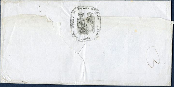 Unpaid letter from Aalborg via Helsingør 3 April 1851 to Stockholm, with K.D.P.A. AALBORG 3/4  ANTIa-U,  blue ink not recorded by Vagn Jensen after 1 april 1851, presumably blue ink used since blue ink pad's were supplied for the cancellation of the 4 RBS adhesive, blue ink only in use until 7 April 1851. Transitmark HELSINGØR 5/4 1851. Charged 36S Skilling Swedish.